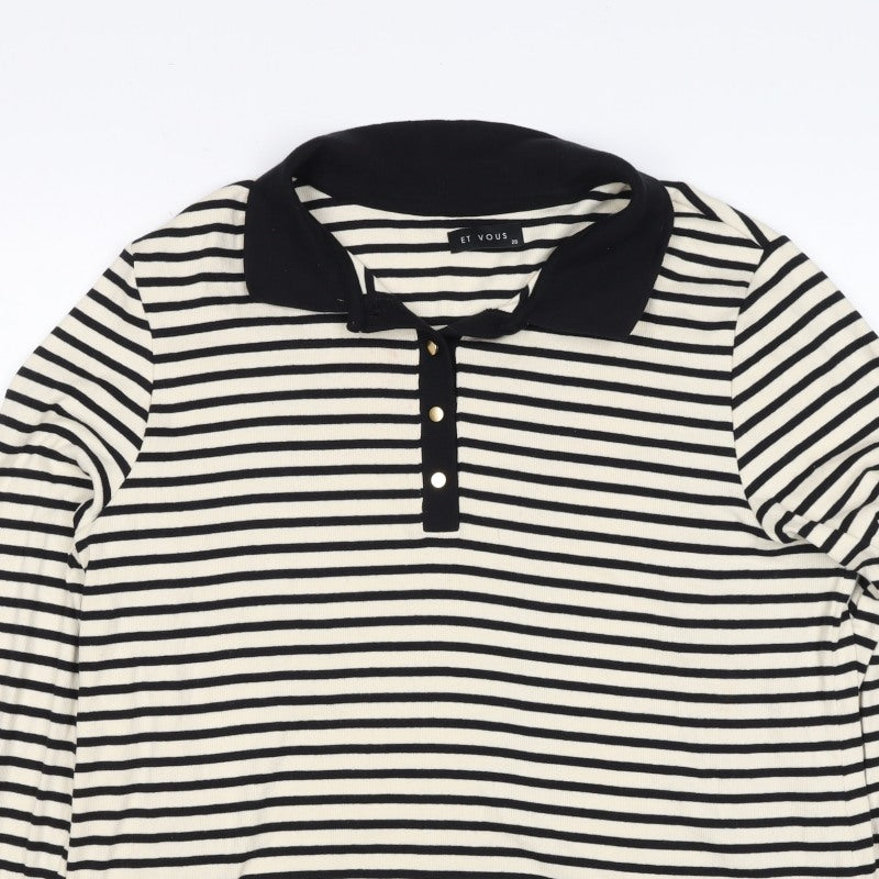Et Vous Women's Black Ivory Stripe Collared Polo Top UK 20 Long Sleeve