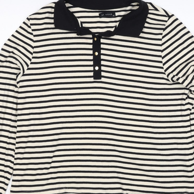 Et Vous Women's Black Ivory Stripe Collared Polo Top UK 20 Long Sleeve