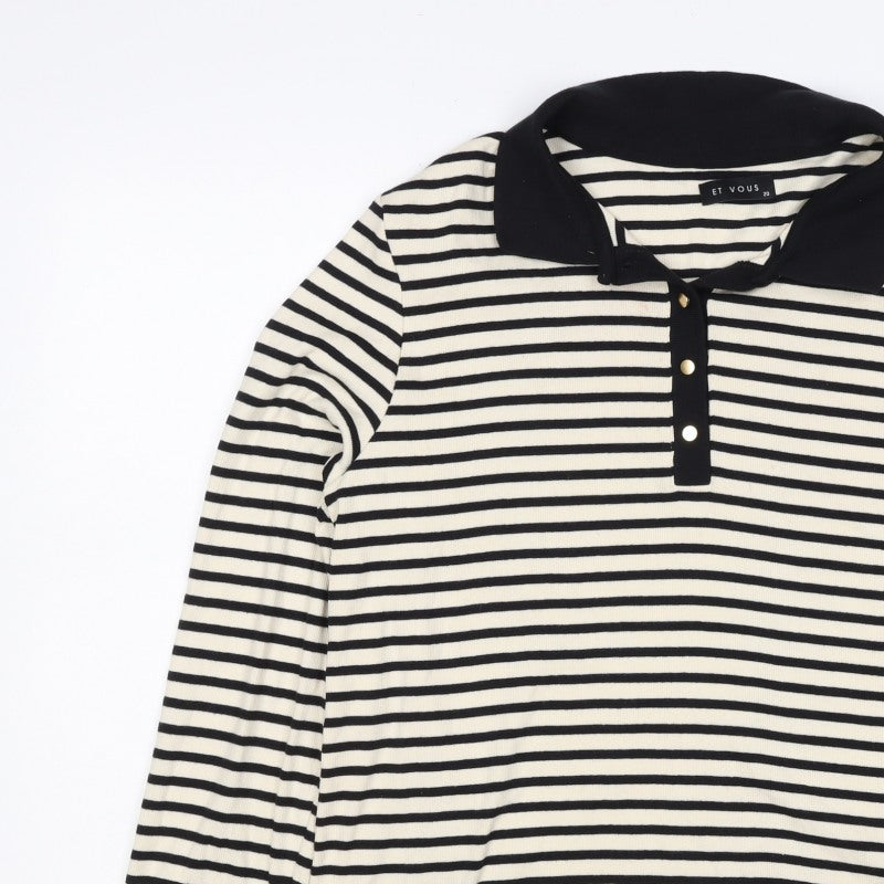 Et Vous Women's Black Ivory Stripe Collared Polo Top UK 20 Long Sleeve