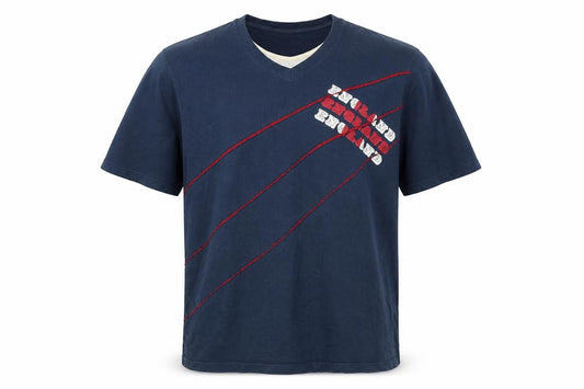 Endkamo Men’s Blue L England Graphic V-Neck Cotton T-Shirt