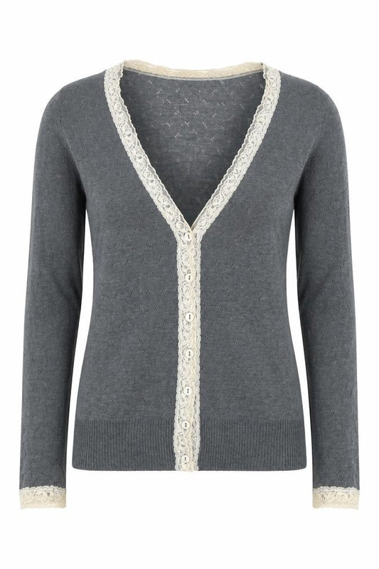 Palace London Women’s Grey S Lace Trim V-Neck Button Cardigan