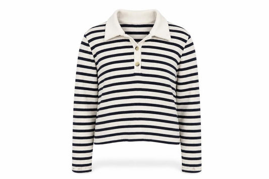 & Other Stories Women Blue Ivory Stripe Cropped Collared Polo Top M