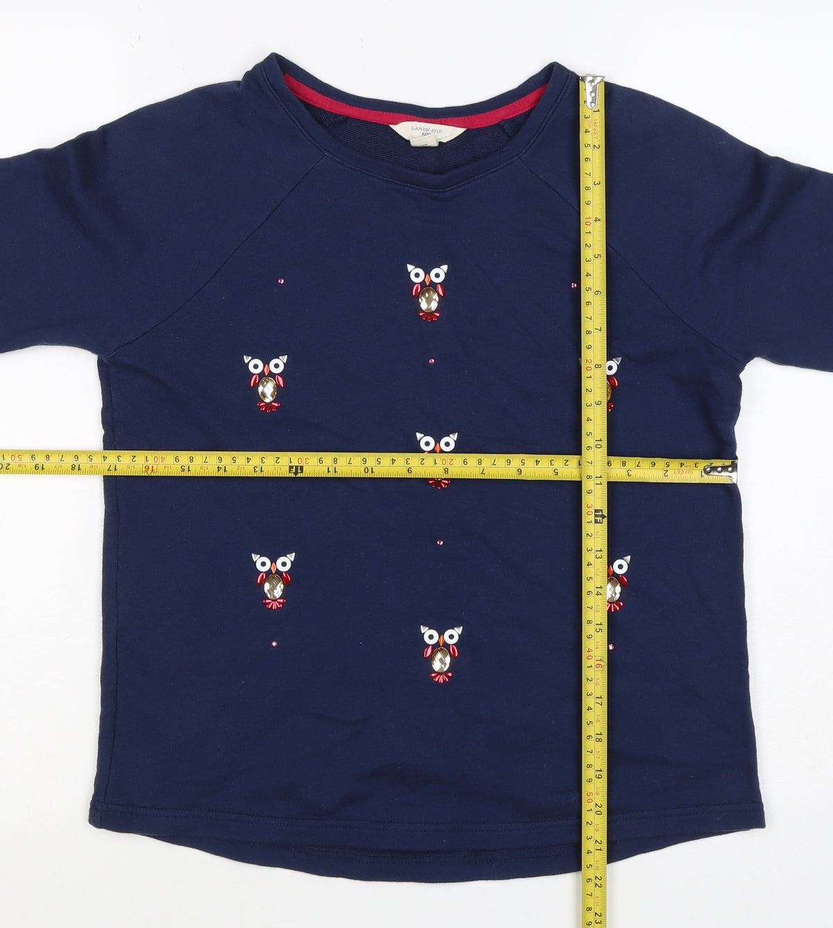 Lands' End Girls Navy Owl Embellished Long Sleeve Pullover Top 10-12 Years