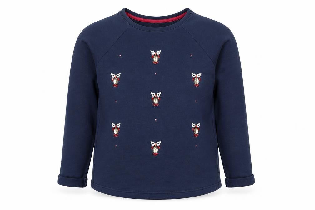 Lands' End Girls Navy Owl Embellished Long Sleeve Pullover Top 10-12 Years