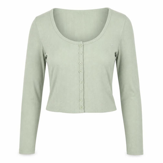 Hollister Women’s Green S Ribbed Henley Long Sleeve Cropped Top