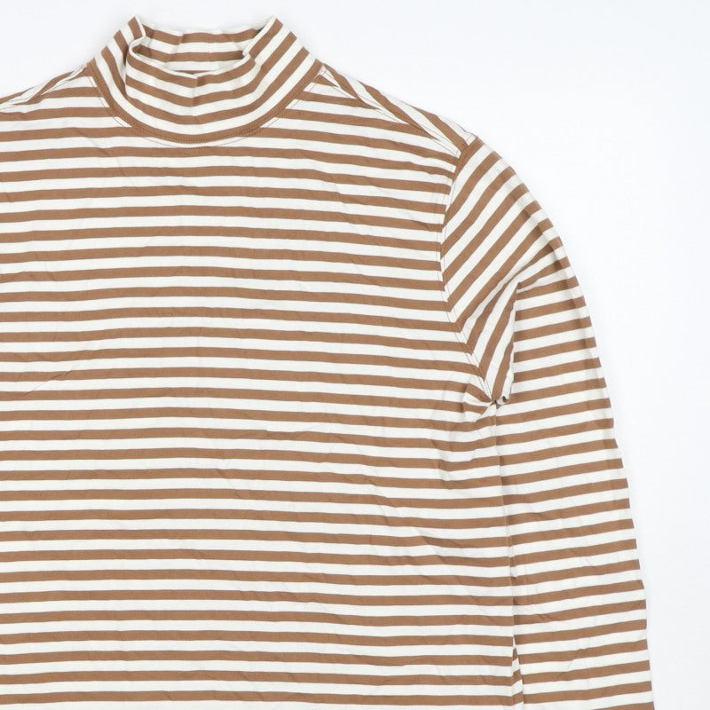 Lands' End Women Brown Stripe S Basic Mock Neck Cotton Jersey Top