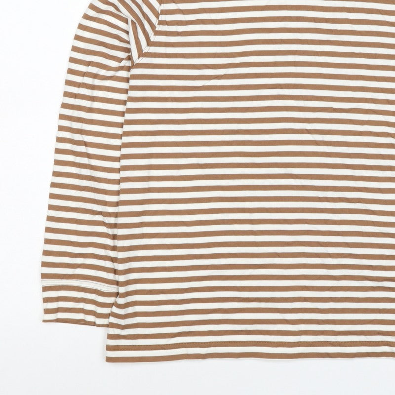 Lands' End Women Brown Stripe S Basic Mock Neck Cotton Jersey Top