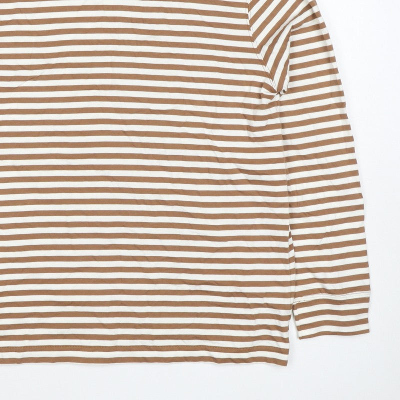 Lands' End Women Brown Stripe S Basic Mock Neck Cotton Jersey Top