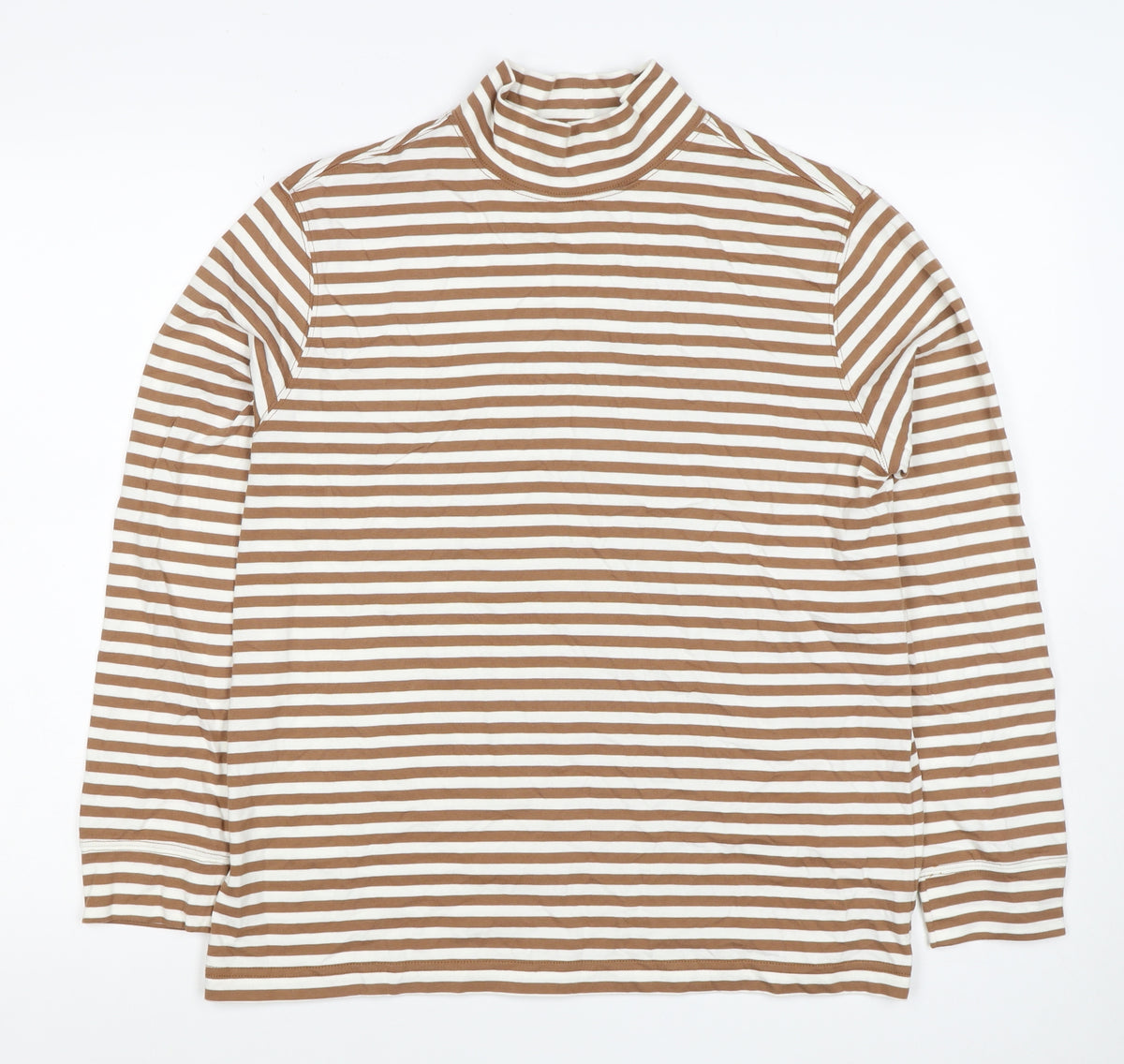 Lands' End Women Brown Stripe S Basic Mock Neck Cotton Jersey Top