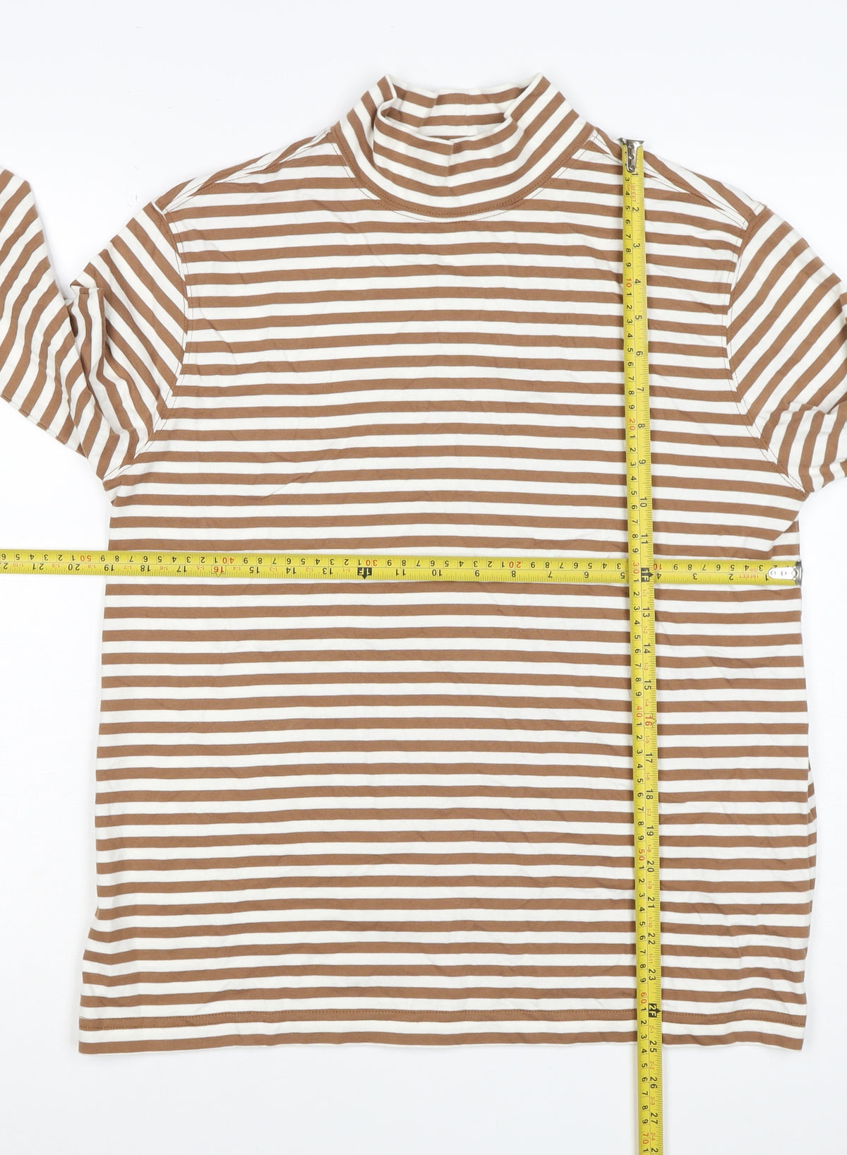 Lands' End Women Brown Stripe S Basic Mock Neck Cotton Jersey Top