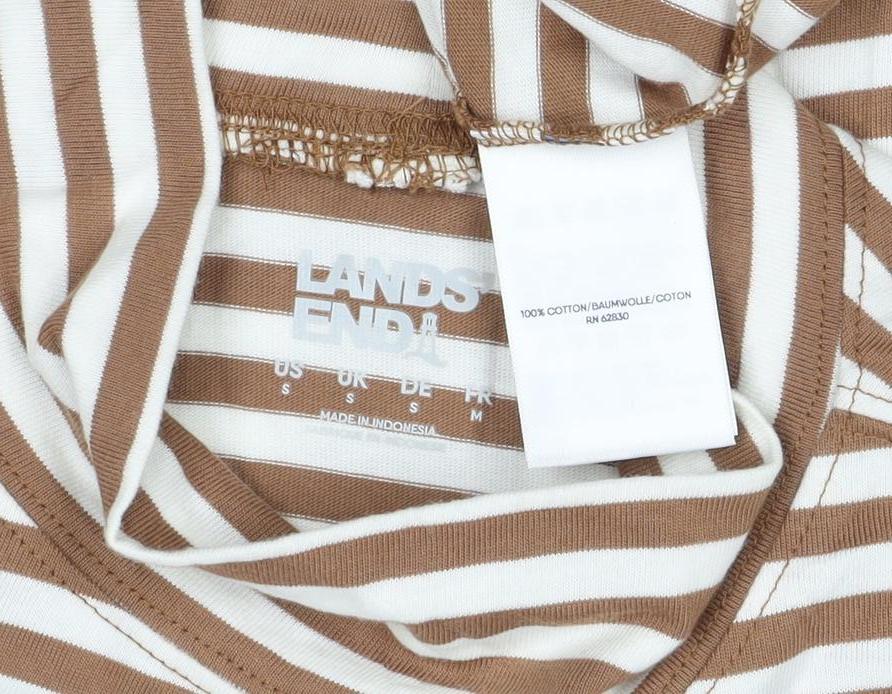 Lands' End Women Brown Stripe S Basic Mock Neck Cotton Jersey Top