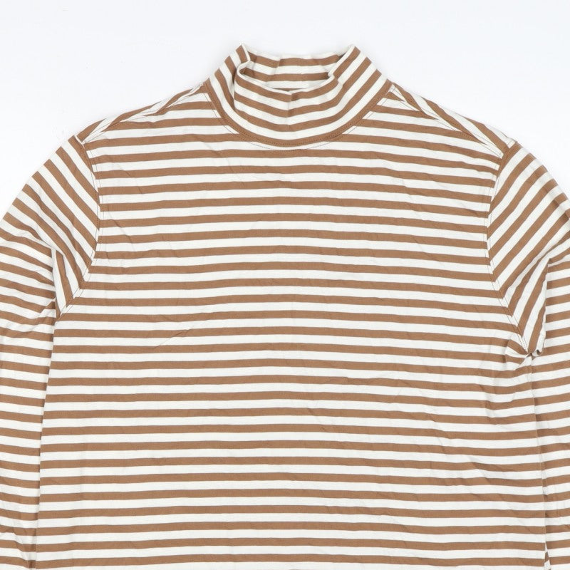 Lands' End Women Brown Stripe S Basic Mock Neck Cotton Jersey Top