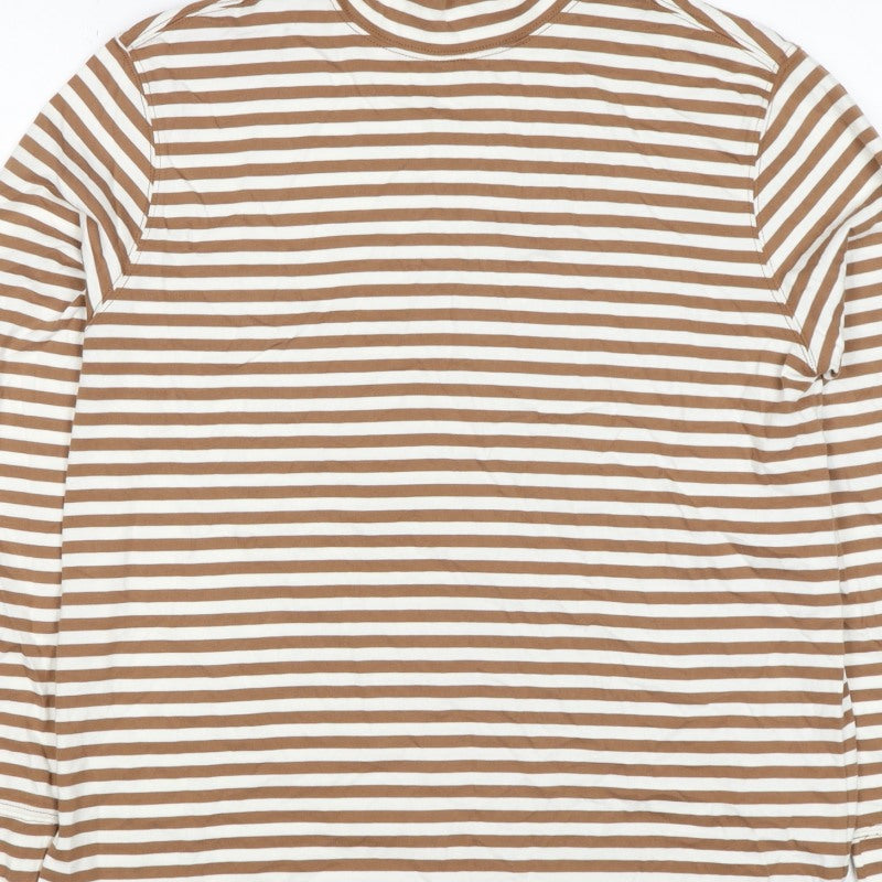 Lands' End Women Brown Stripe S Basic Mock Neck Cotton Jersey Top