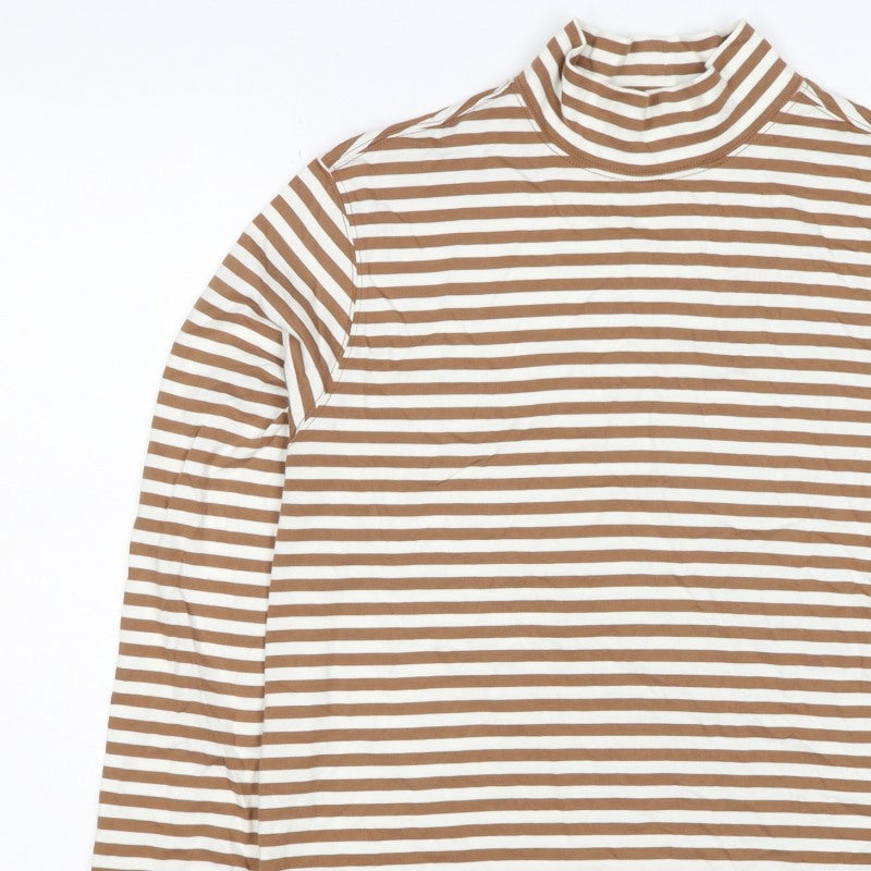 Lands' End Women Brown Stripe S Basic Mock Neck Cotton Jersey Top