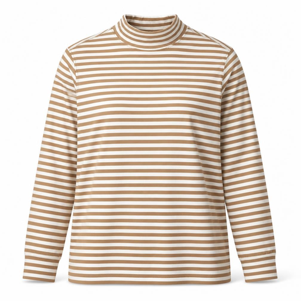 Lands' End Women Brown Stripe S Basic Mock Neck Cotton Jersey Top