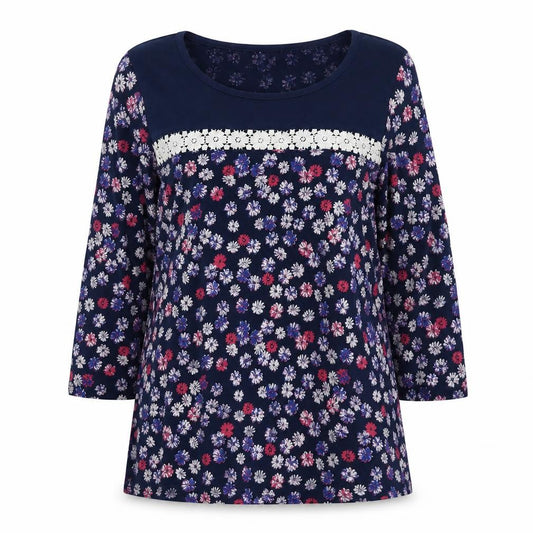 BHS Petite Women Blue Floral Cotton Tunic Blouse UK 12 Long Sleeve