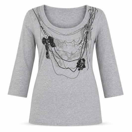 M&Co. Women Grey M Rose Chain Rhinestone Scoop Neck 3/4 Sleeve Top