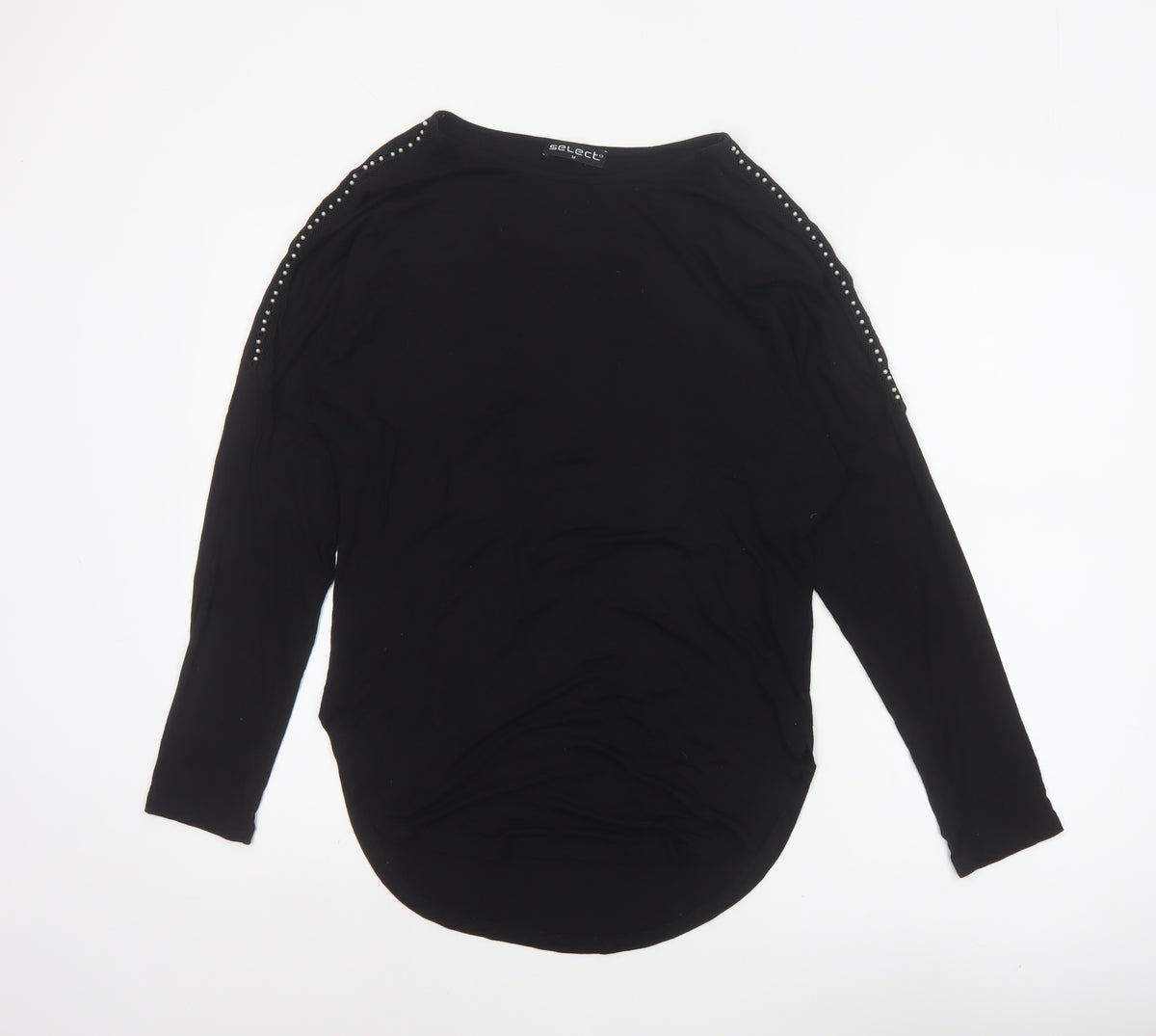 Select Women Black M Studded Shoulder Long Sleeve Stretch Tunic Blouse
