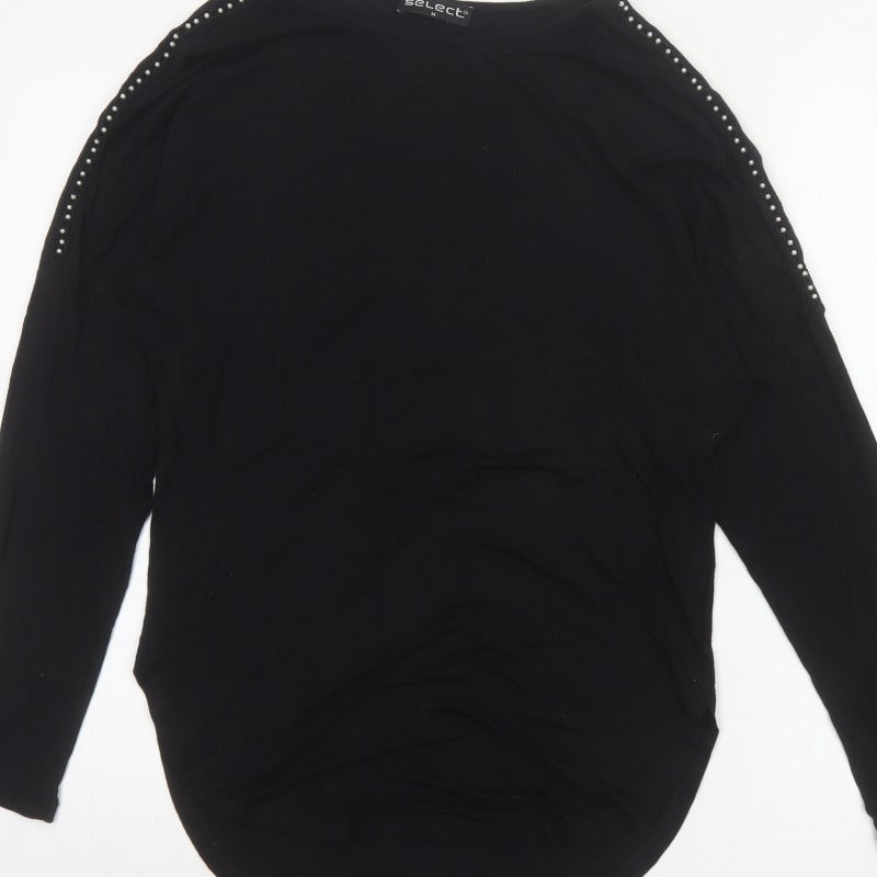 Select Women Black M Studded Shoulder Long Sleeve Stretch Tunic Blouse