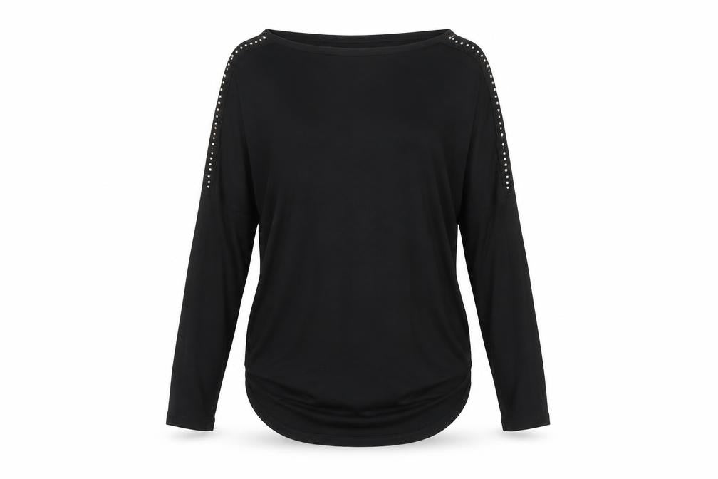 Select Women Black M Studded Shoulder Long Sleeve Stretch Tunic Blouse
