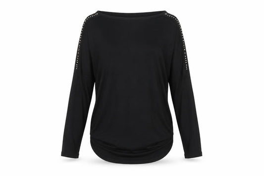 Select Women Black M Studded Shoulder Long Sleeve Stretch Tunic Blouse
