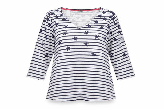 Joules Women Blue White Star Stripe V-Neck 3/4 Sleeve T-Shirt UK 12