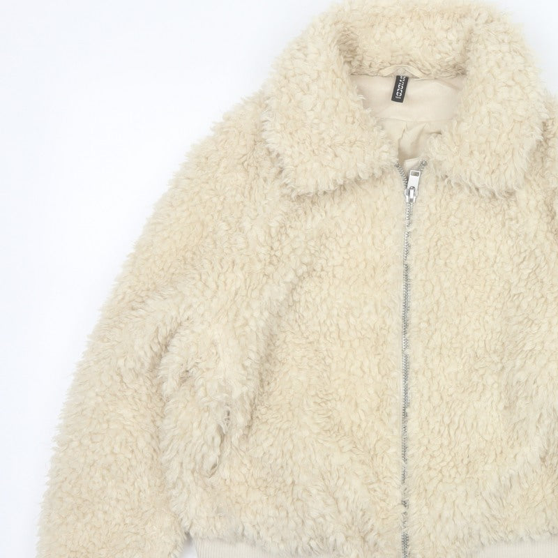 H&M Divided Women's Ivory M Faux Fur Teddy Bomber Jacket Zip