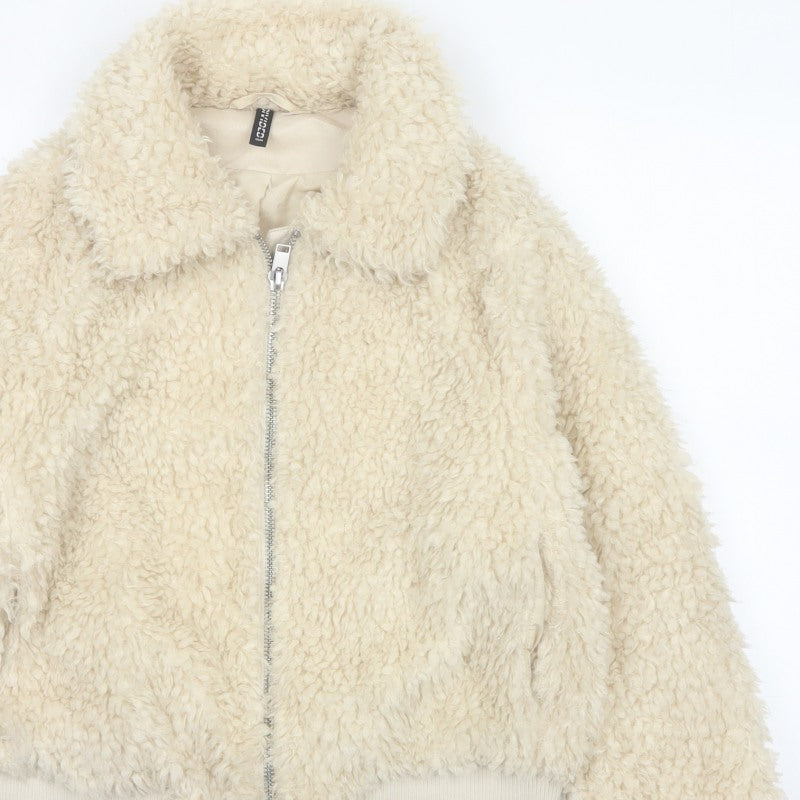 H&M Divided Women's Ivory M Faux Fur Teddy Bomber Jacket Zip