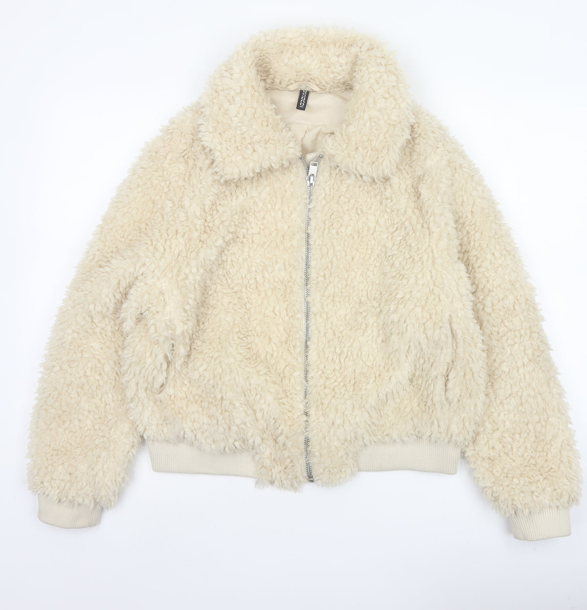 H&M Divided Women's Ivory M Faux Fur Teddy Bomber Jacket Zip