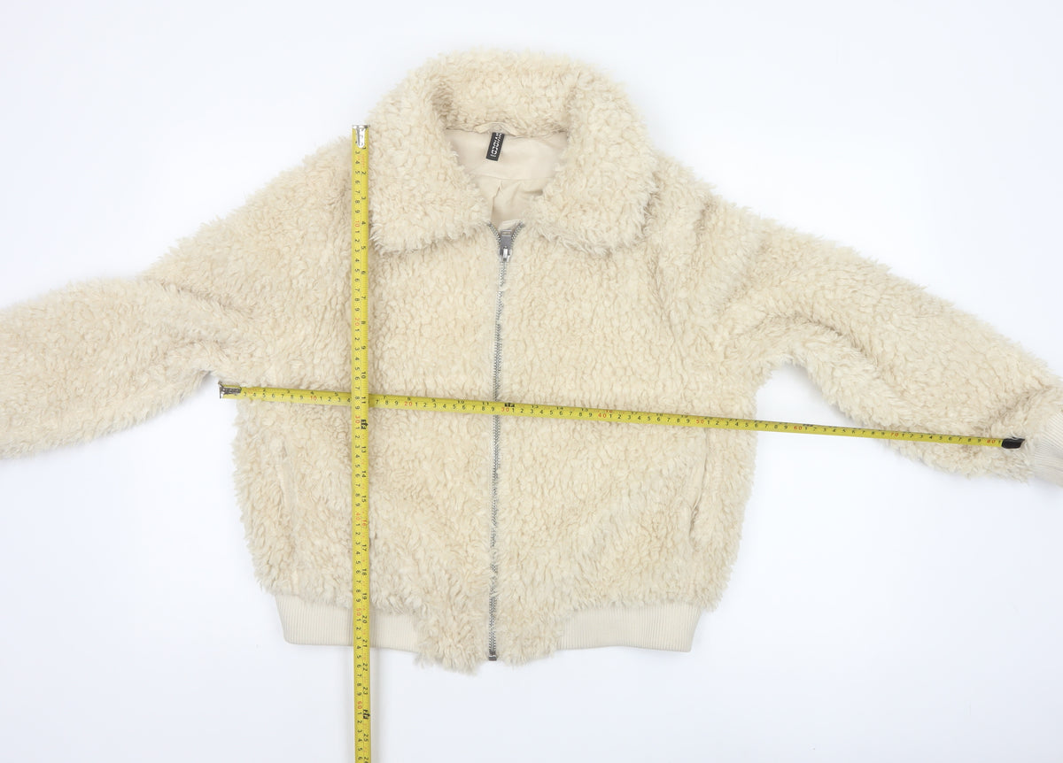 H&M Divided Women's Ivory M Faux Fur Teddy Bomber Jacket Zip