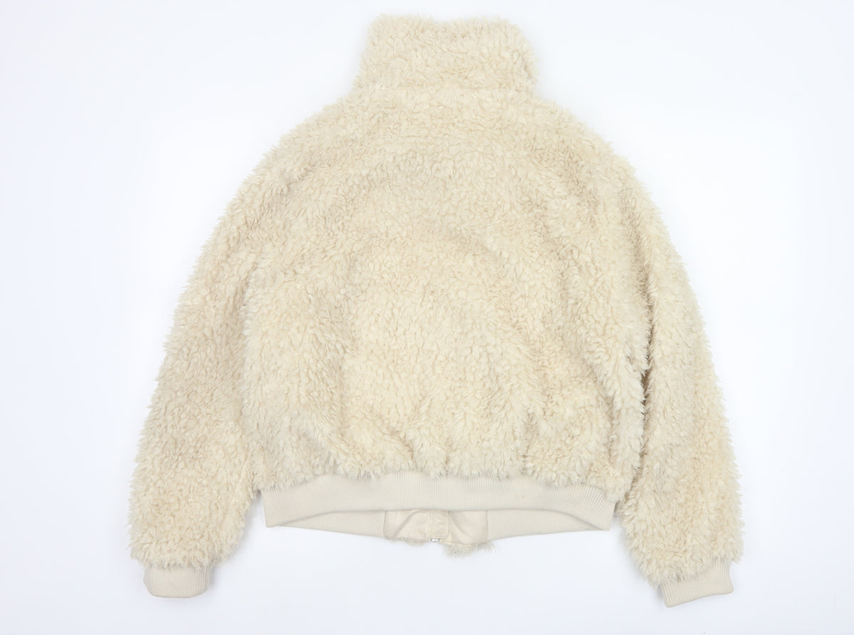 H&M Divided Women's Ivory M Faux Fur Teddy Bomber Jacket Zip