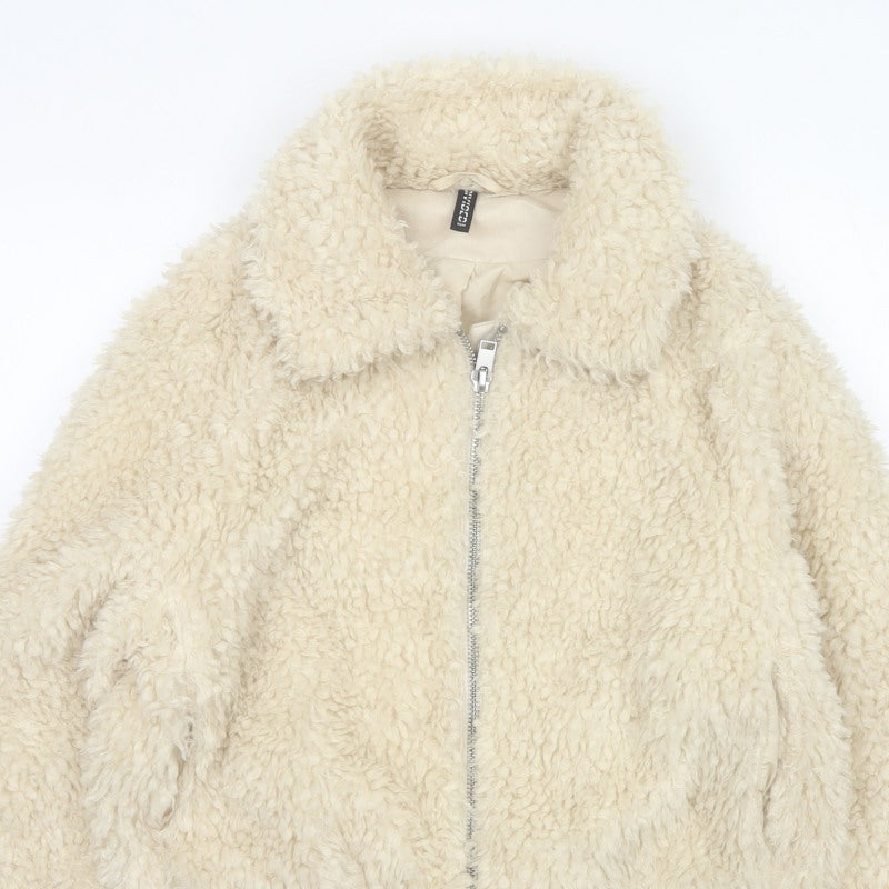 H&M Divided Women's Ivory M Faux Fur Teddy Bomber Jacket Zip