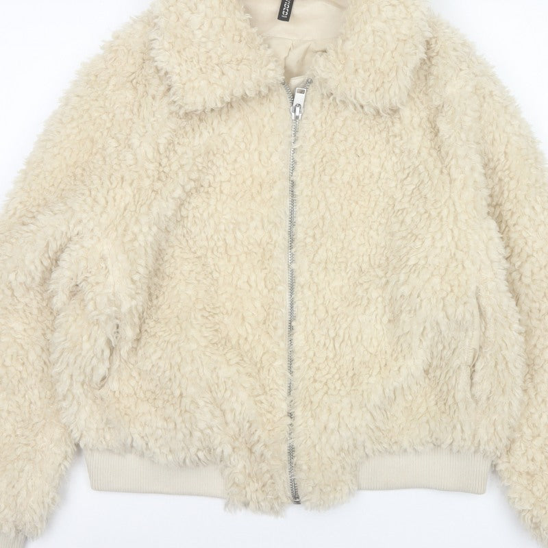 H&M Divided Women's Ivory M Faux Fur Teddy Bomber Jacket Zip