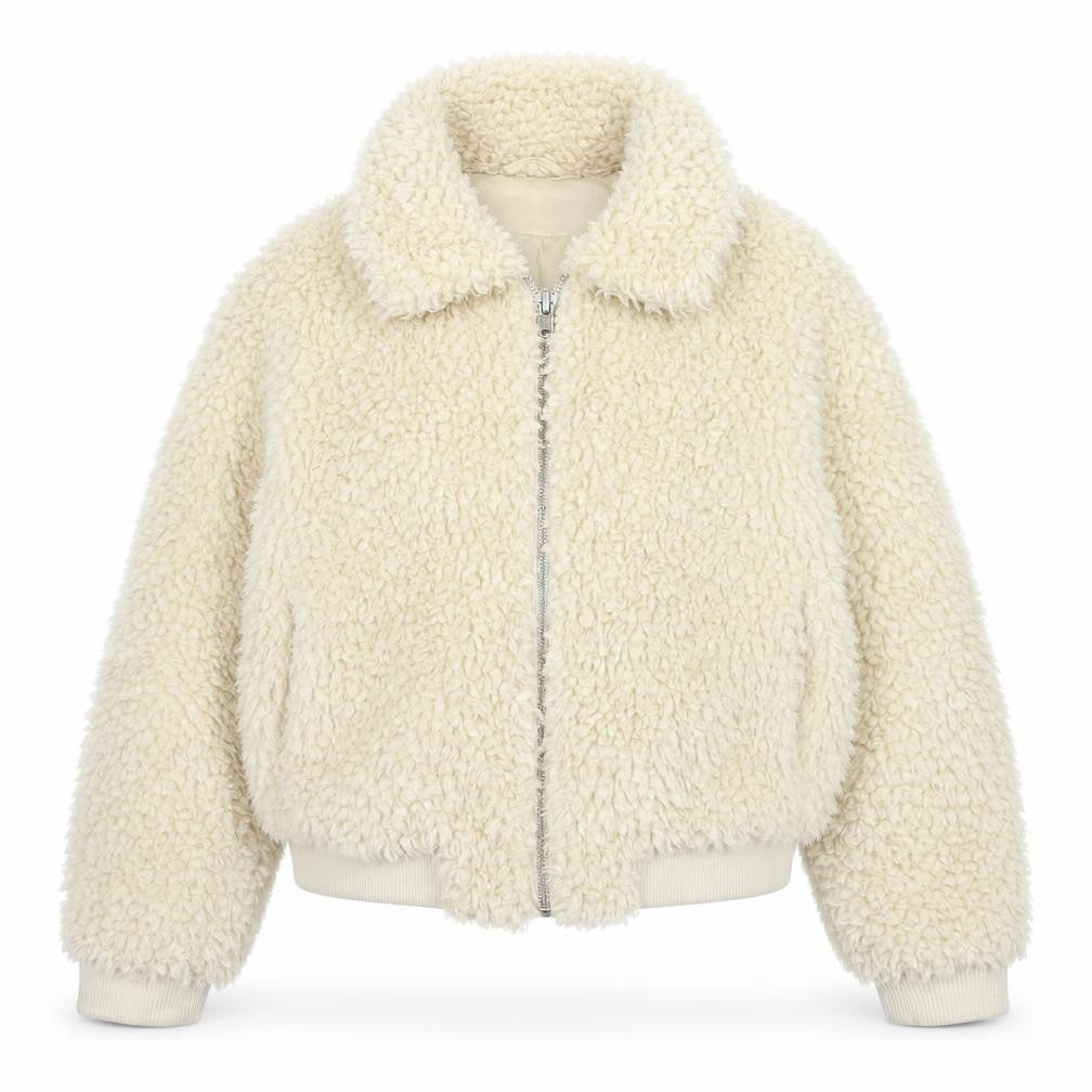 H&M Divided Women's Ivory M Faux Fur Teddy Bomber Jacket Zip