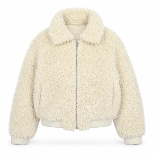 H&M Divided Women's Ivory M Faux Fur Teddy Bomber Jacket Zip