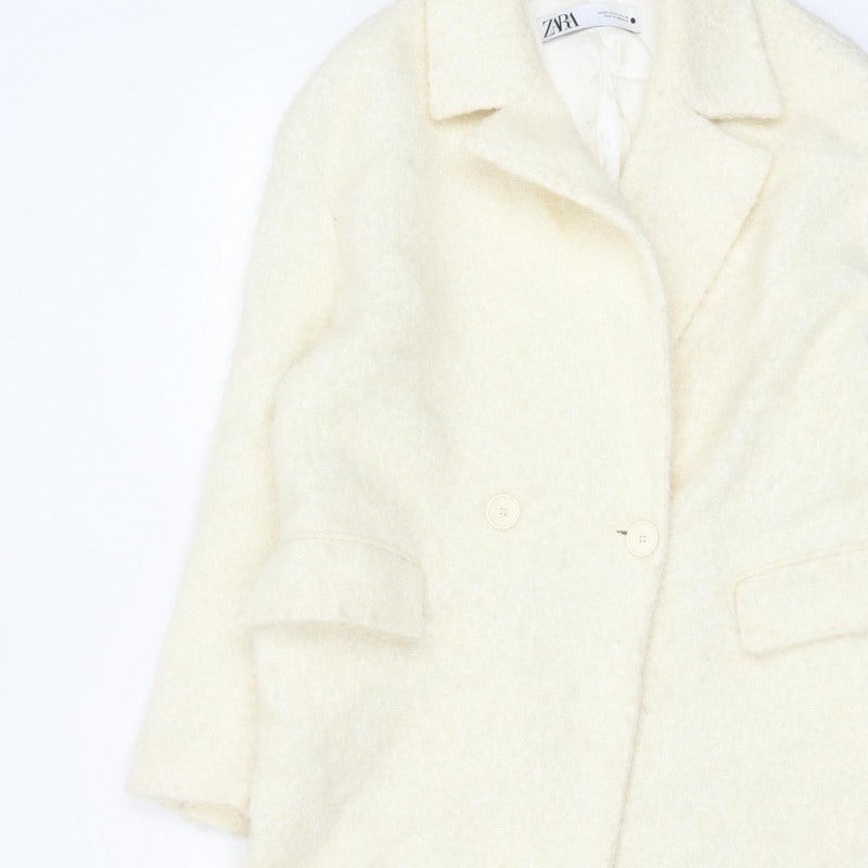 Zara Women Ivory XS Wool Blend Long Double Breasted Overcoat