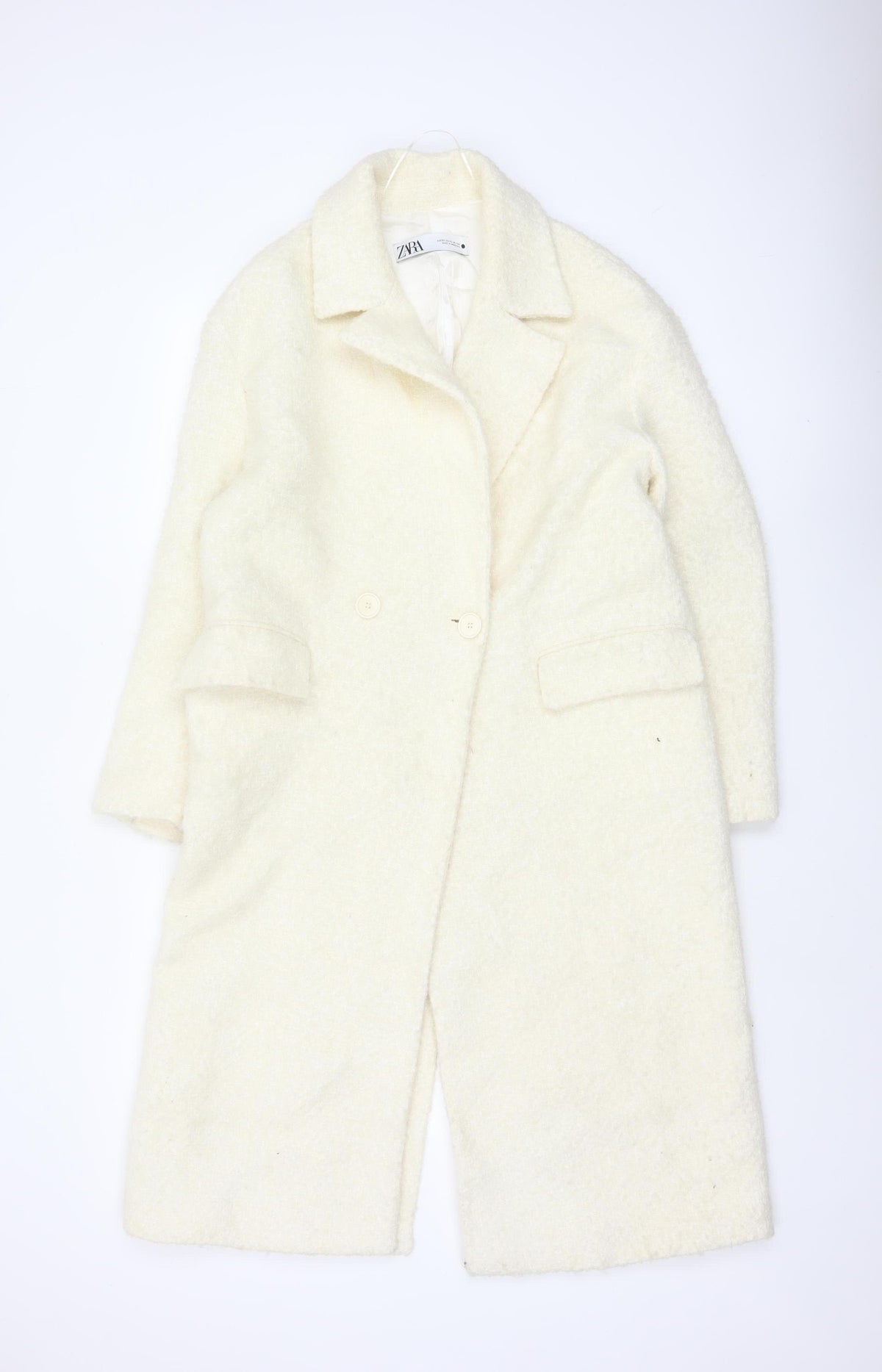 Zara Women Ivory XS Wool Blend Long Double Breasted Overcoat