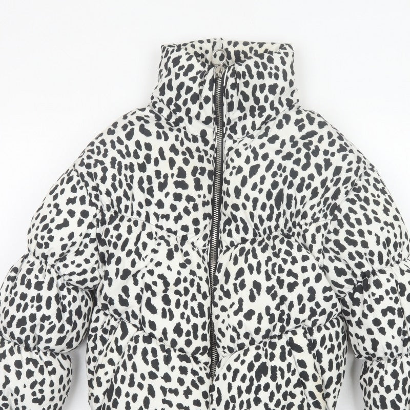 Bershka Women’s White Black Leopard Print Cropped Puffer Jacket S