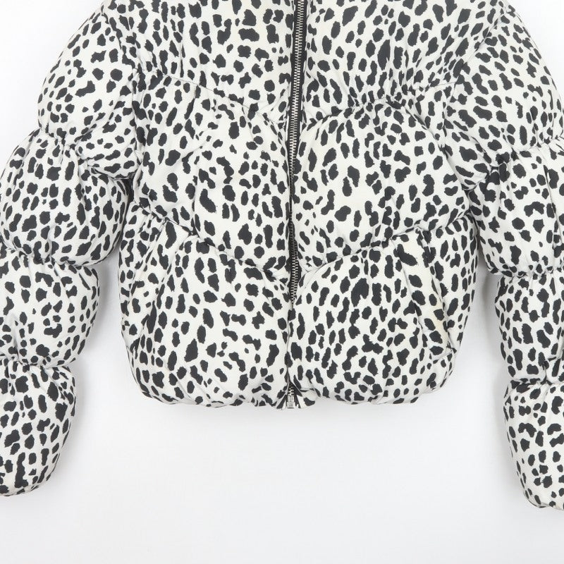 Bershka Women’s White Black Leopard Print Cropped Puffer Jacket S