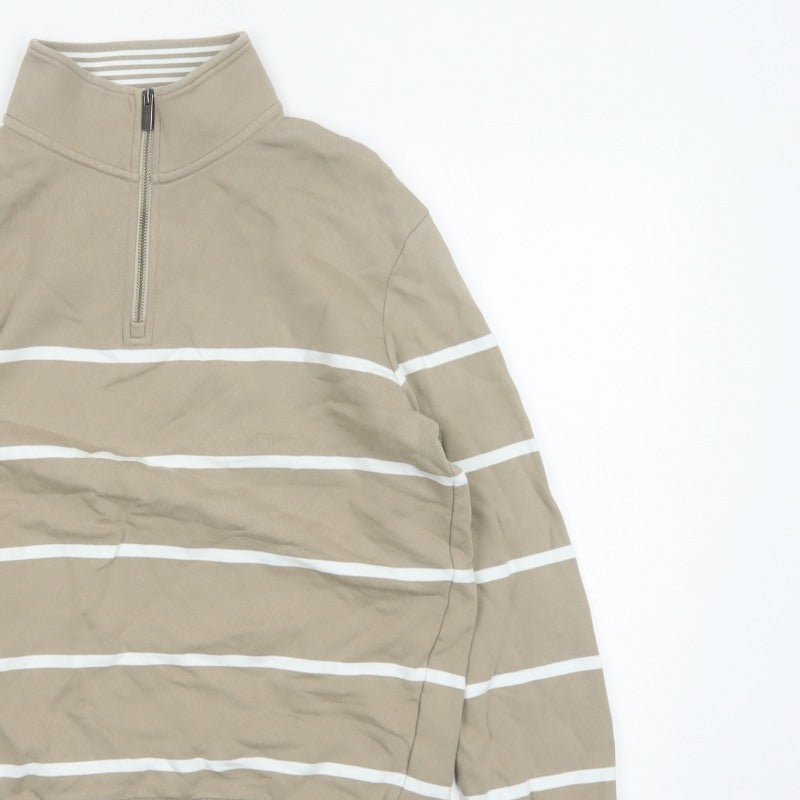 Marks & Spencer Men's Beige M Striped 1/4 Zip Pullover Sweatshirt