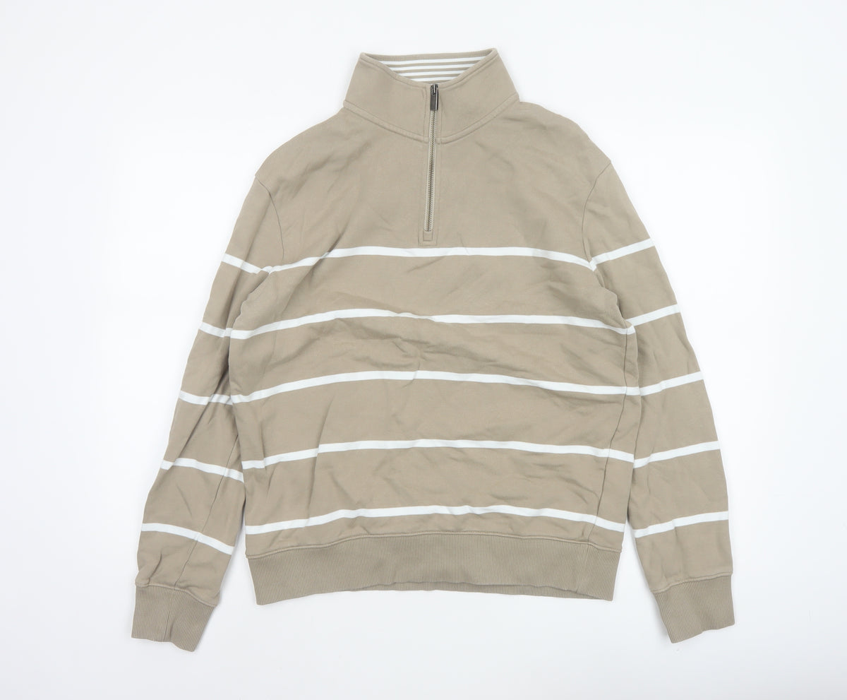 Marks & Spencer Men's Beige M Striped 1/4 Zip Pullover Sweatshirt