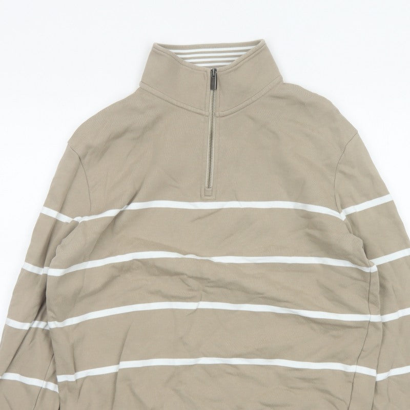 Marks & Spencer Men's Beige M Striped 1/4 Zip Pullover Sweatshirt