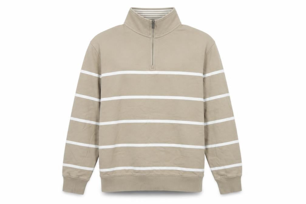Marks & Spencer Men's Beige M Striped 1/4 Zip Pullover Sweatshirt
