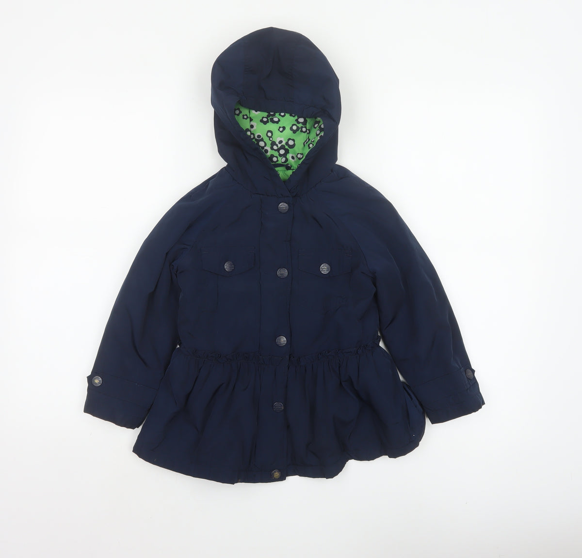 Next Girls Blue Hooded Button Coat 5 Years Floral Lining