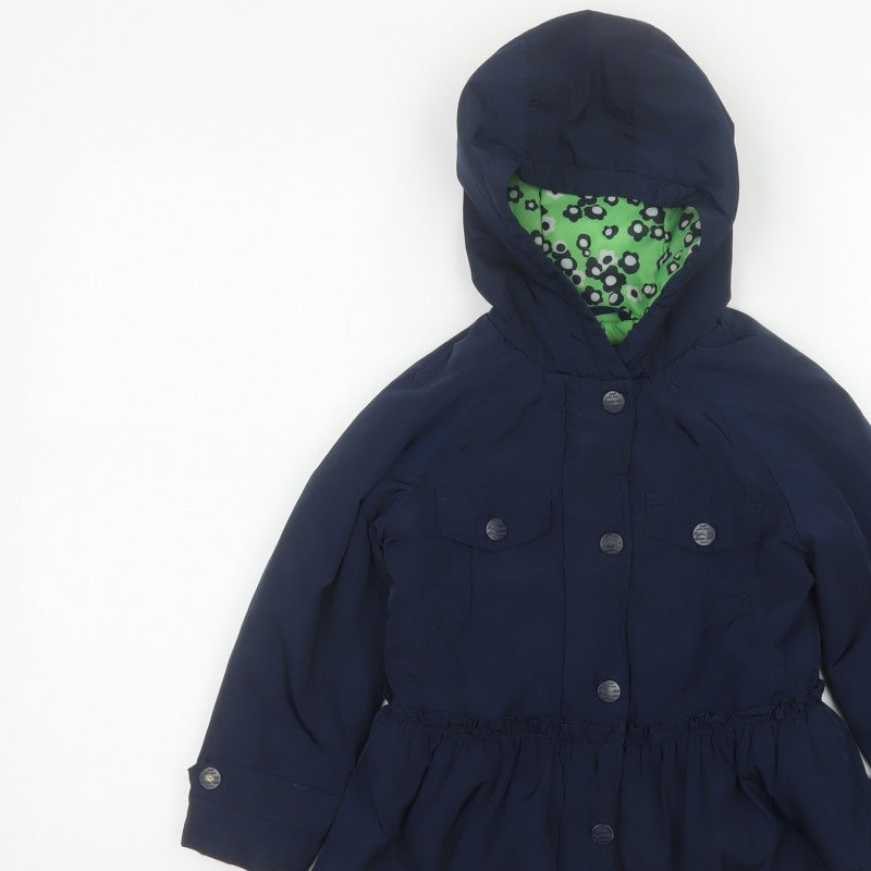 Next Girls Blue Hooded Button Coat 5 Years Floral Lining