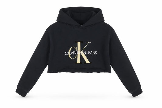 Calvin Klein Jeans Girls Black Gold Logo Cropped Pullover Hoodie Age 10