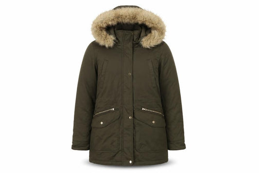 Pull&Bear Women’s Khaki L Parka Faux Fur Hood Padded Winter Coat