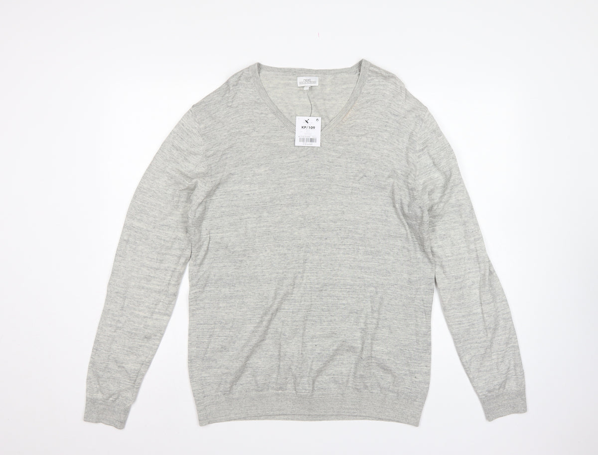 Next Men’s Grey Large V-Neck Fine Knit Cotton Blend Pullover Jumper