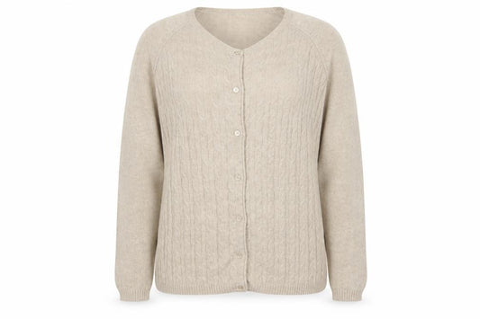 Isle Essentials Women’s Beige Cable Knit Merino Blend Cardigan UK 14