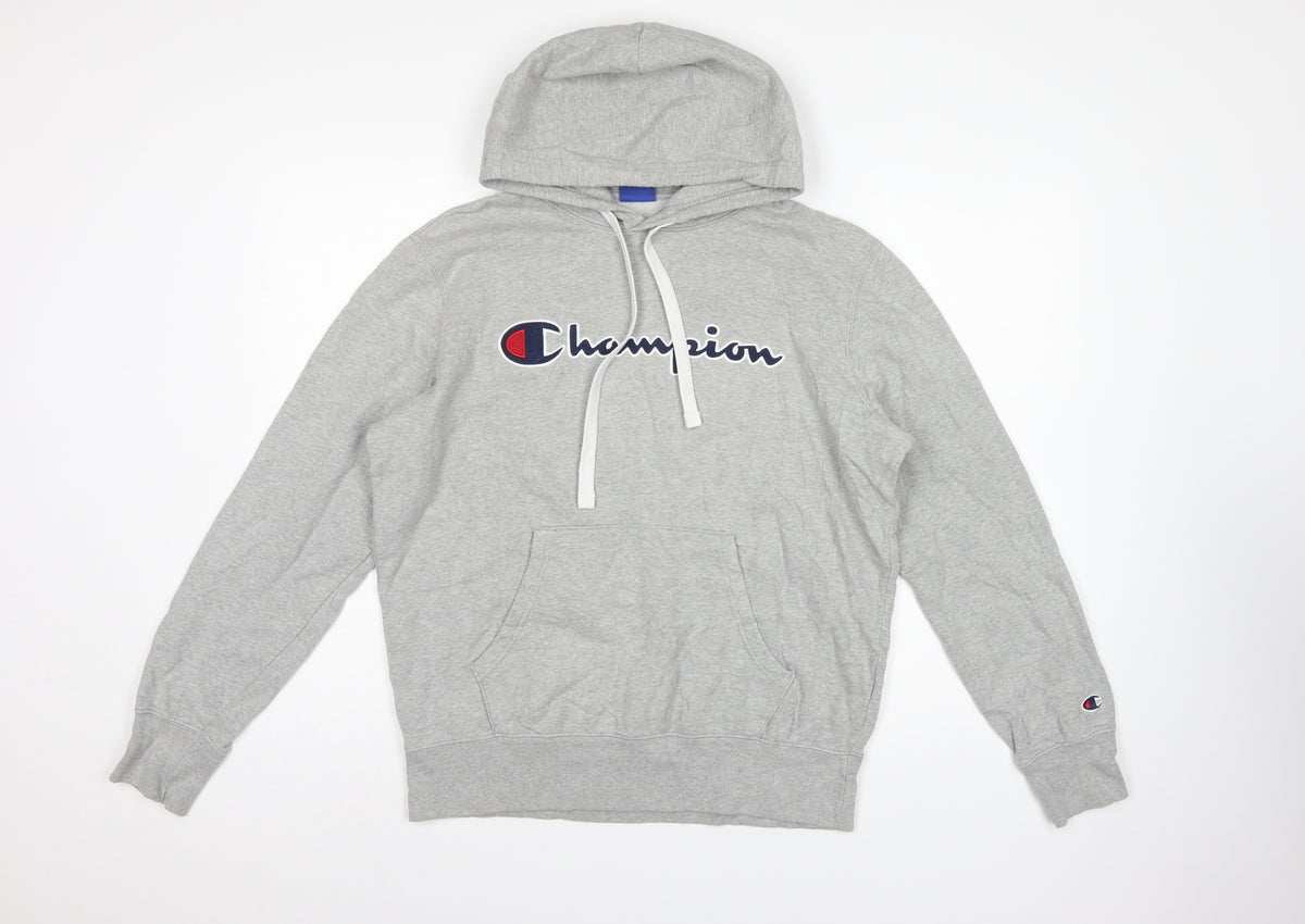 Champion Men Grey L Pullover Hoodie Embroidered Logo Pockets